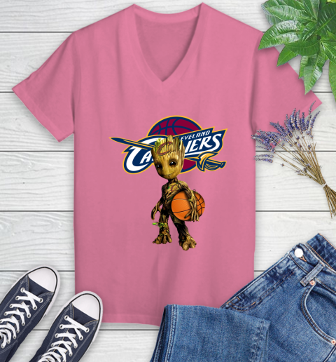 Cleveland Cavaliers NBA Basketball Groot Marvel Guardians Of The Galaxy Women's V-Neck T-Shirt 13