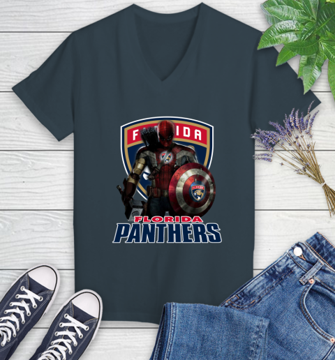 NHL Captain America Thor Spider Man Hawkeye Avengers Endgame Hockey Florida Panthers Women's V-Neck T-Shirt 8