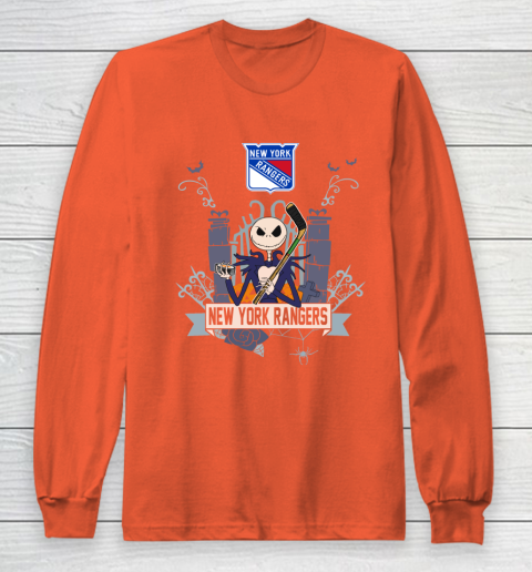 NHL New York Rangers Hockey Jack Skellington Halloween Long Sleeve T-Shirt 3