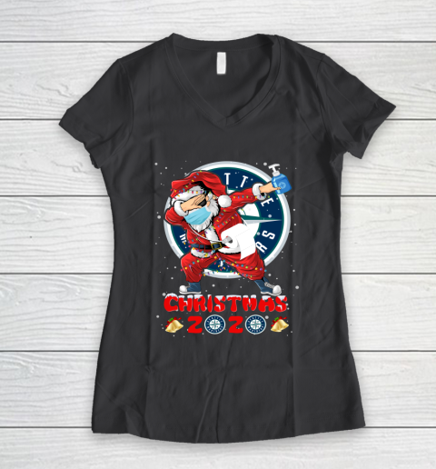 Seattle Mariners Funny Santa Claus Dabbing Christmas 2020 MLB Women's V-Neck T-Shirt 6