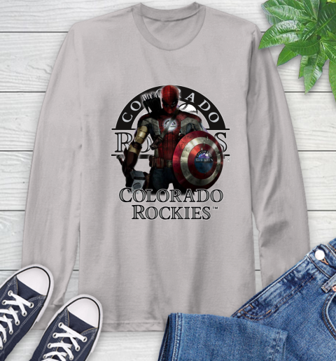 MLB Captain America Thor Spider Man Hawkeye Avengers Endgame Baseball Colorado Rockies Long Sleeve T-Shirt 12