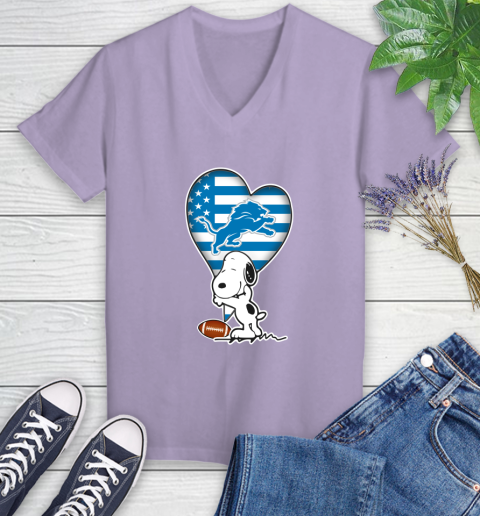 Detroit Lions NFL Football The Peanuts Movie Adorable Snoopy Women's V-Neck T-Shirt 14
