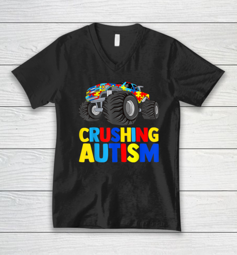 Monster Truck Crushing Autism  Autism Awareness V-Neck T-Shirt