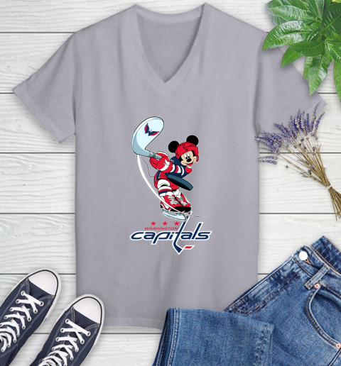 NHL Hockey Washington Capitals Cheerful Mickey Mouse Shirt Women's V-Neck T-Shirt 4