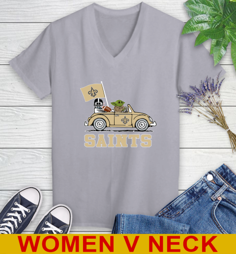 NFL Football New Orleans Saints Darth Vader Baby Yoda Driving Star Wars Shirt Women's V-Neck T-Shirt 5