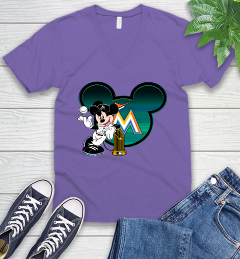 MLB Miami Marlins The Commissioner's Trophy Mickey Mouse Disney V-Neck T-Shirt 10