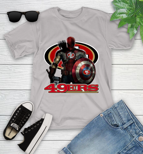 NFL Captain America Thor Spider Man Hawkeye Avengers Endgame Football San Francisco 49ers Youth T-Shirt 12