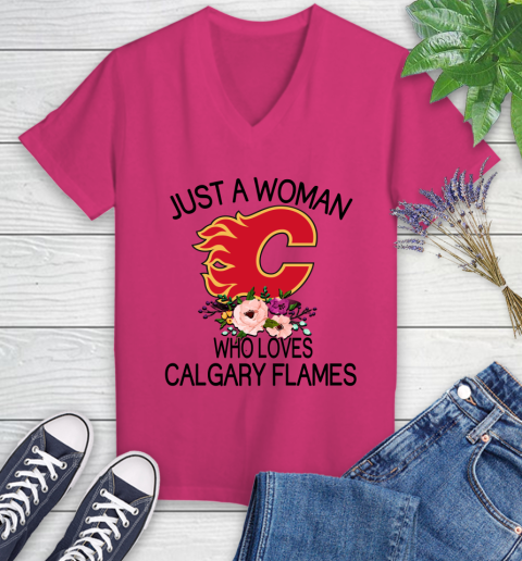 NHL Just A Woman Who Loves Calgary Flames Hockey Sports Women's V-Neck T-Shirt 5