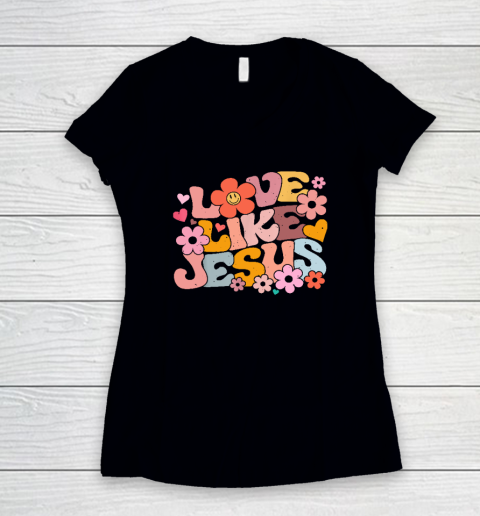 Love Like Jesus Christian Bible Verse Trendy Floral Heart Women's V-Neck T-Shirt