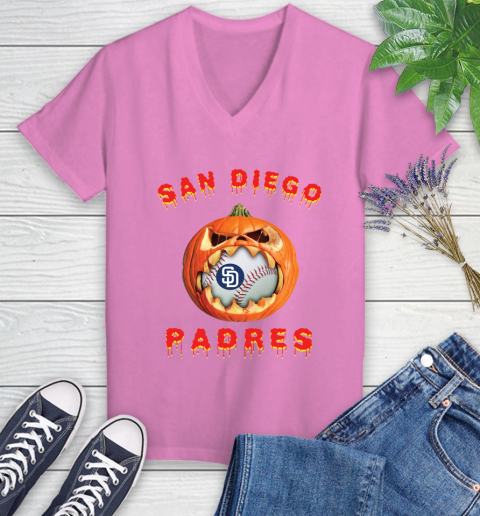 MLB San Diego Padres Halloween Pumpkin Baseball Sports Women's V-Neck T-Shirt 14