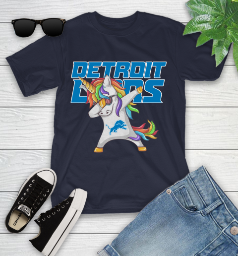 Detroit Lions NFL Football Funny Unicorn Dabbing Sports Youth T-Shirt 3