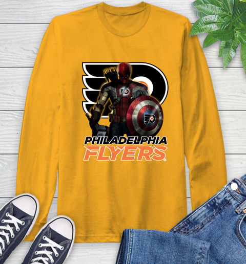 NHL Captain America Thor Spider Man Hawkeye Avengers Endgame Hockey Philadelphia Flyers Long Sleeve T-Shirt 3