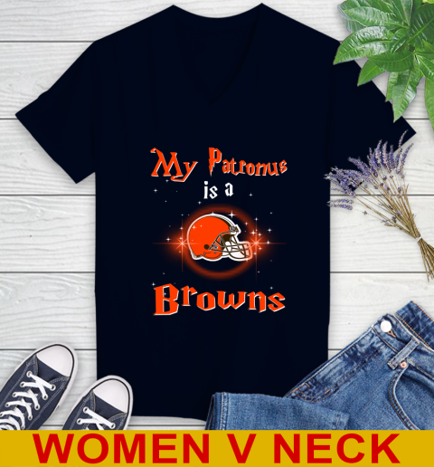NFL Football Harry Potter My Patronus Is A Cleveland Browns Women's V-Neck T-Shirt 2