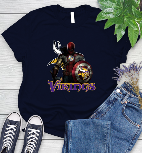 NFL Captain America Thor Spider Man Hawkeye Avengers Endgame Football Minnesota Vikings Women's T-Shirt 3