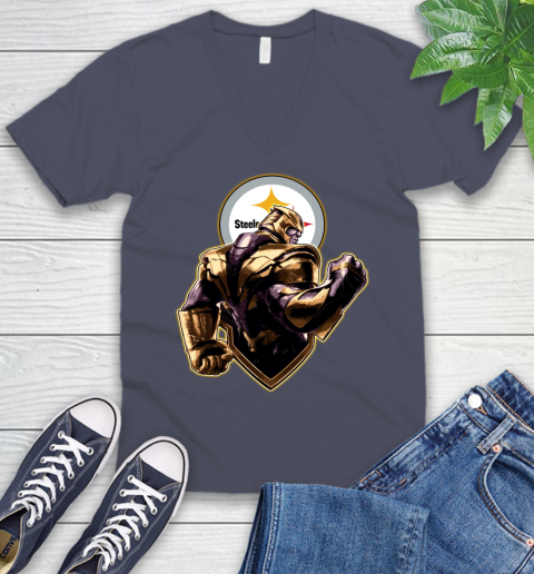 NFL Thanos Avengers Endgame Football Sports Pittsburgh Steelers V-Neck T-Shirt 8