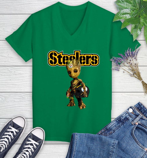 Pittsburgh Steelers NFL Football Groot Marvel Guardians Of The Galaxy Women's V-Neck T-Shirt 5