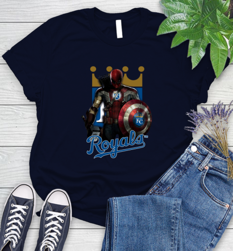 MLB Captain America Thor Spider Man Hawkeye Avengers Endgame Baseball Kansas City Royals Women's T-Shirt 3