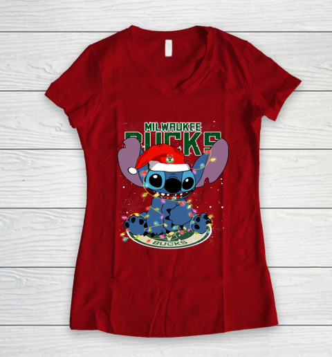 Milwaukee Bucks NBA noel stitch Basketball Christmas Women's V-Neck T-Shirt 6