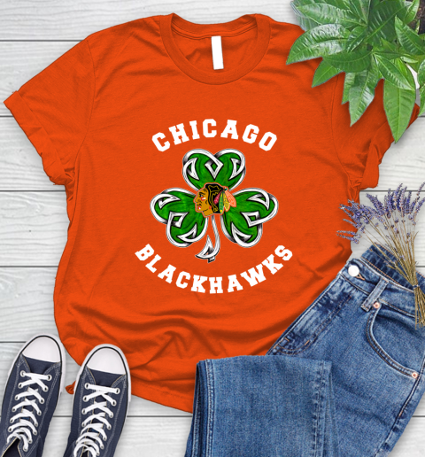 NHL Chicago Blackhawks Three Leaf Clover St Patrick's Day Hockey Sports Women's T-Shirt 3