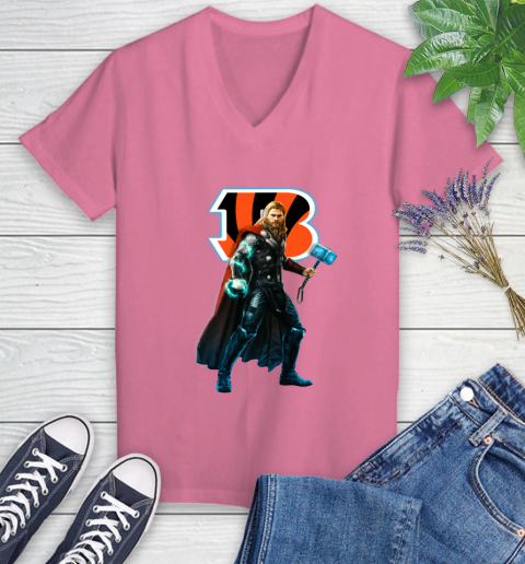 NFL Thor Avengers Endgame Football Cincinnati Bengals Women's V-Neck T-Shirt 13