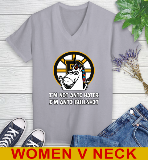 Boston Bruins NHL Hockey Unicorn I'm Not Anti Hater I'm Anti Bullshit Women's V-Neck T-Shirt 5
