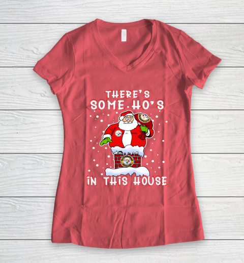 Pittsburgh Steelers Christmas There Is Some Hos In This House Santa Stuck In The Chimney NFL Women's V-Neck T-Shirt 4