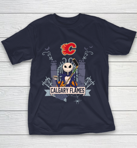 NHL Calgary Flames Hockey Jack Skellington Halloween Youth T-Shirt 2