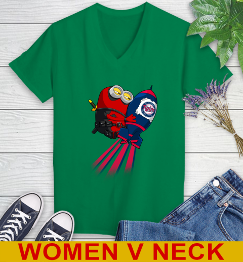 MLB Baseball Minnesota Twins Deadpool Minion Marvel Shirt Women's V-Neck T-Shirt 5