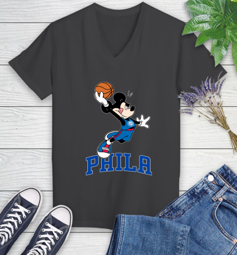 NBA Basketball Philadelphia 76ers Cheerful Mickey Mouse Shirt Women's V-Neck T-Shirt 7