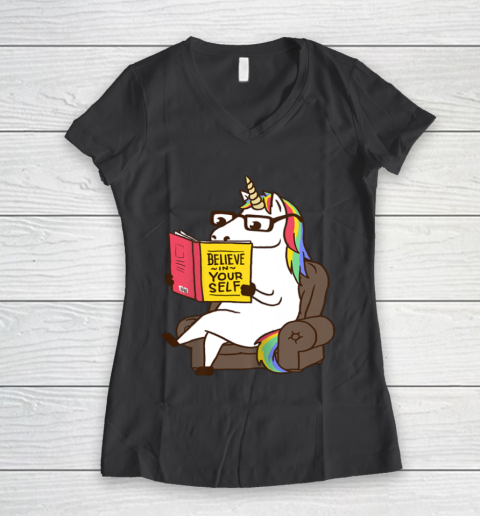 Unicorn Shirt Believe in Yourself Motivational Book Lover Women's V-Neck T-Shirt 8