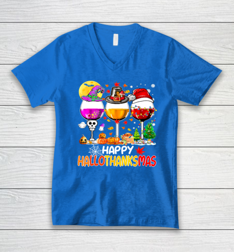 Halloween Thanksgiving Christmas Happy Hallothanksmas Wine V-Neck T-Shirt 4