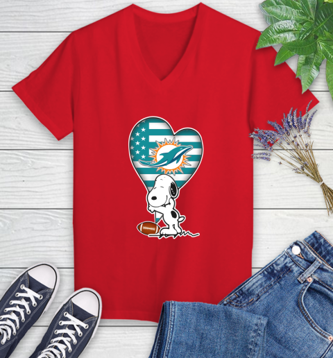 Miami Dolphins NFL Football The Peanuts Movie Adorable Snoopy Women's V-Neck T-Shirt 12