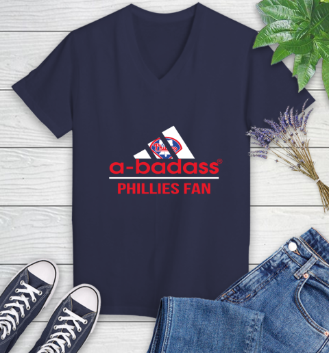 MLB A Badass Philadelphia Phillies Fan Adidas Baseball Sports Women's V-Neck T-Shirt 12