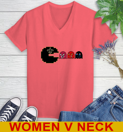 New Orleans Saints NFL Football Pac Man Champion Women's V-Neck T-Shirt 7