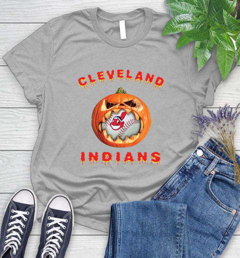 MLB Cleveland Indians Halloween Pumpkin Baseball Sports Women's T-Shirt 5