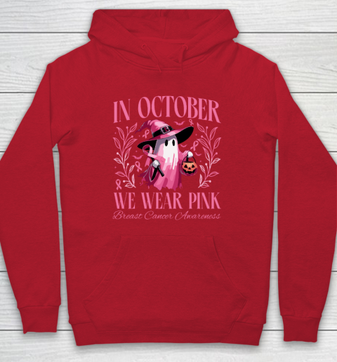 In October We Wear Pink Witch Ghost Pumpkin Breast Cancer Hoodie 6