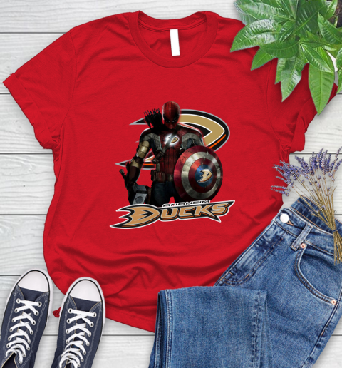 NHL Captain America Thor Spider Man Hawkeye Avengers Endgame Hockey Anaheim Ducks Women's T-Shirt 9