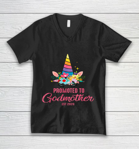 Womens Promoted To Godmother 2020 Costume Unicorn Baby Shower Gift V-Neck T-Shirt