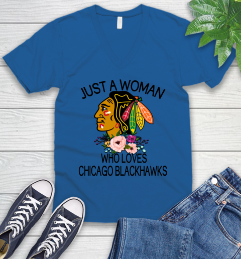 NHL Just A Woman Who Loves Chicago Blackhawks Hockey Sports V-Neck T-Shirt 3