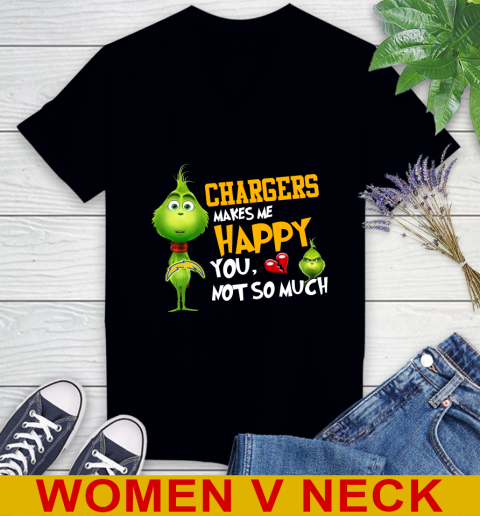 NFL Los Angeles Chargers Makes Me Happy You Not So Much Grinch Football Sports Women's V-Neck T-Shirt