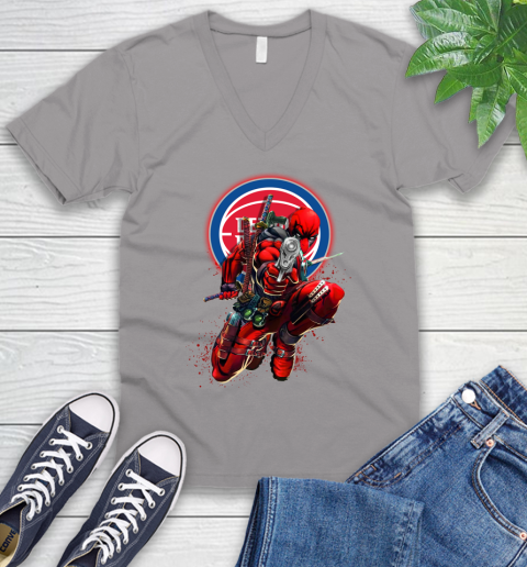 NBA Deadpool Marvel Comics Sports Basketball Detroit Pistons V-Neck T-Shirt 4