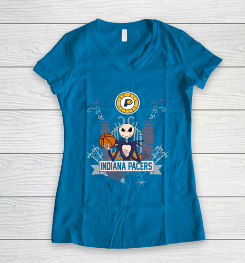 NBA Indiana Pacers Basketball Jack Skellington Halloween Women's V-Neck T-Shirt 5