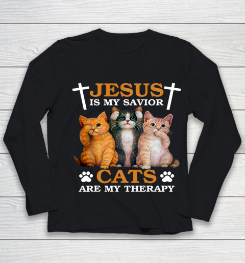 Jesus is My Savior Cat are My Therapy Christians Cat Lover Youth Long Sleeve