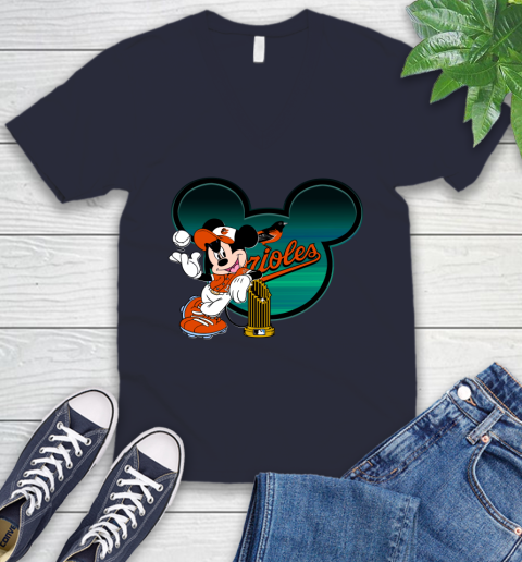 MLB Baltimore Orioles The Commissioner's Trophy Mickey Mouse Disney V-Neck T-Shirt 3