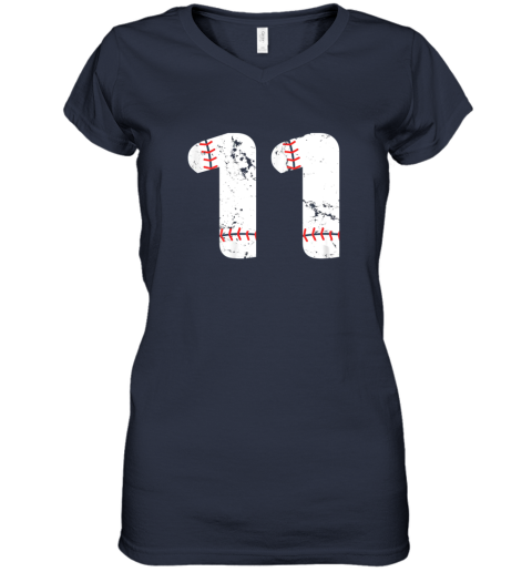 rp4f number 11 baseball vintage distressed team women v neck t shirt 39 front navy