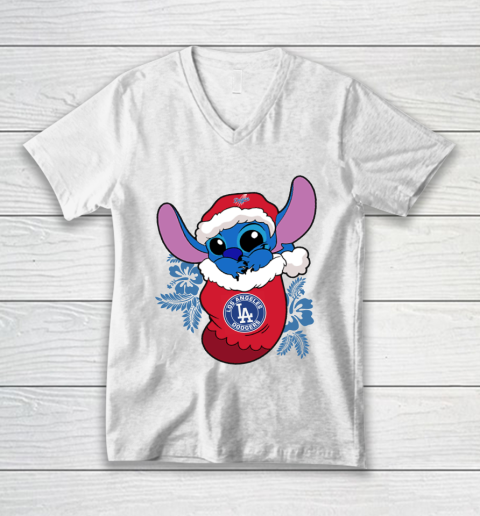 Los Angeles Dodgers Christmas Stitch In The Sock Funny Disney MLB V-Neck T-Shirt 2