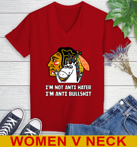 Chicago Blackhawks NHL Hockey Unicorn I'm Not Anti Hater I'm Anti Bullshit Women's V-Neck T-Shirt 12