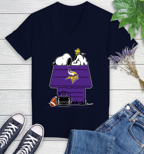 Minnesota Vikings NFL Football Snoopy Woodstock The Peanuts Movie Women's V-Neck T-Shirt 3