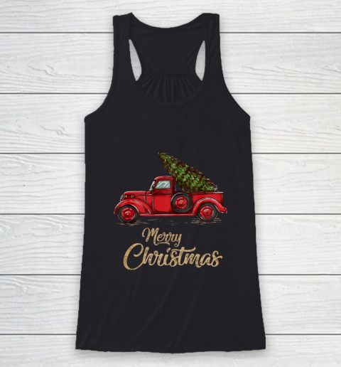 Funny Vintage Red Truck With Merry Christmas Tree Racerback Tank