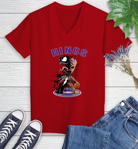 NBA Sacramento Kings Basketball Venom Groot Guardians Of The Galaxy Women's V-Neck T-Shirt 12